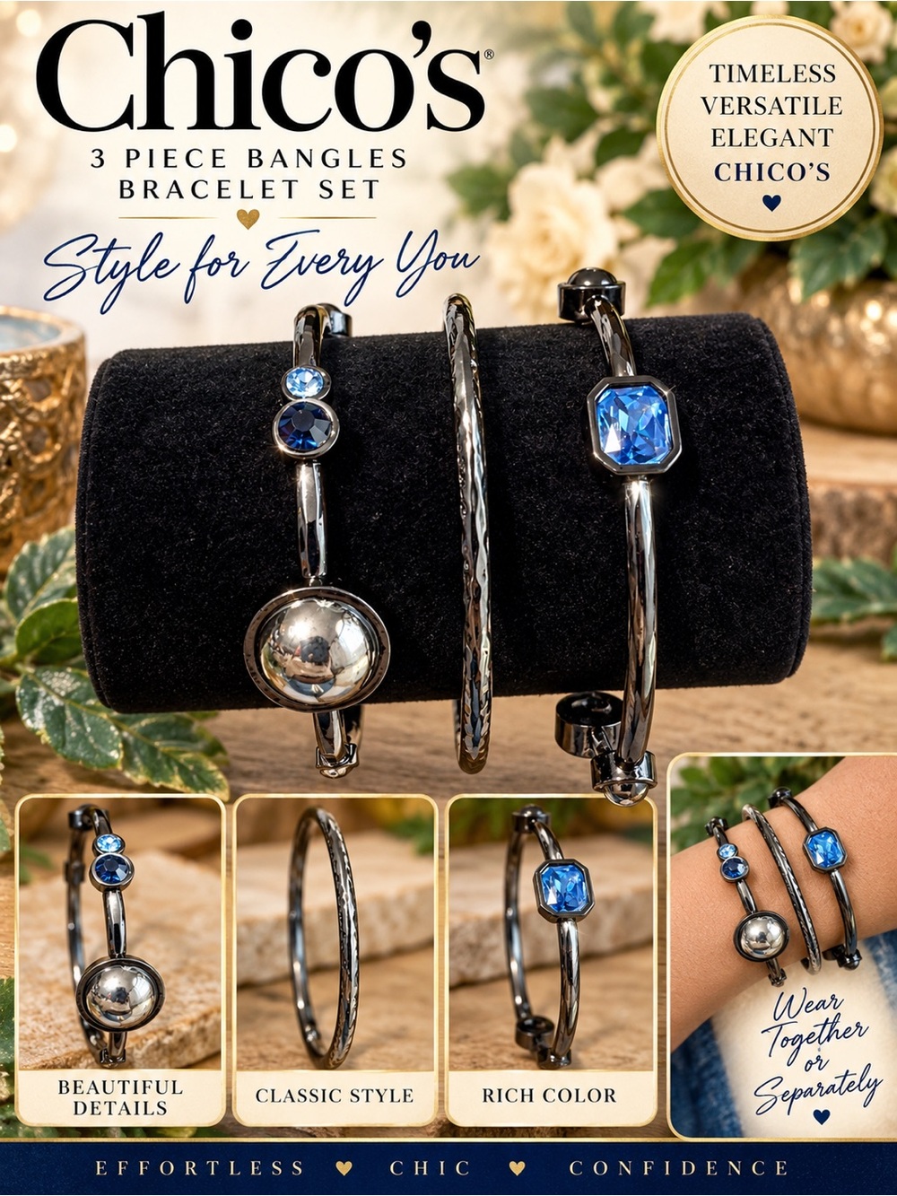 Chico's Black Hematite-Tone 3-Piece Bracelet Set with Blue Crystals